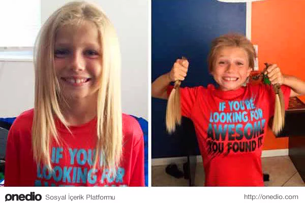 Ve 2 yıl boyunca uzattığı saçlarını kanser hastası çocuklara peruk yapılması için bağışlayan bu altın kalpli çocuk.